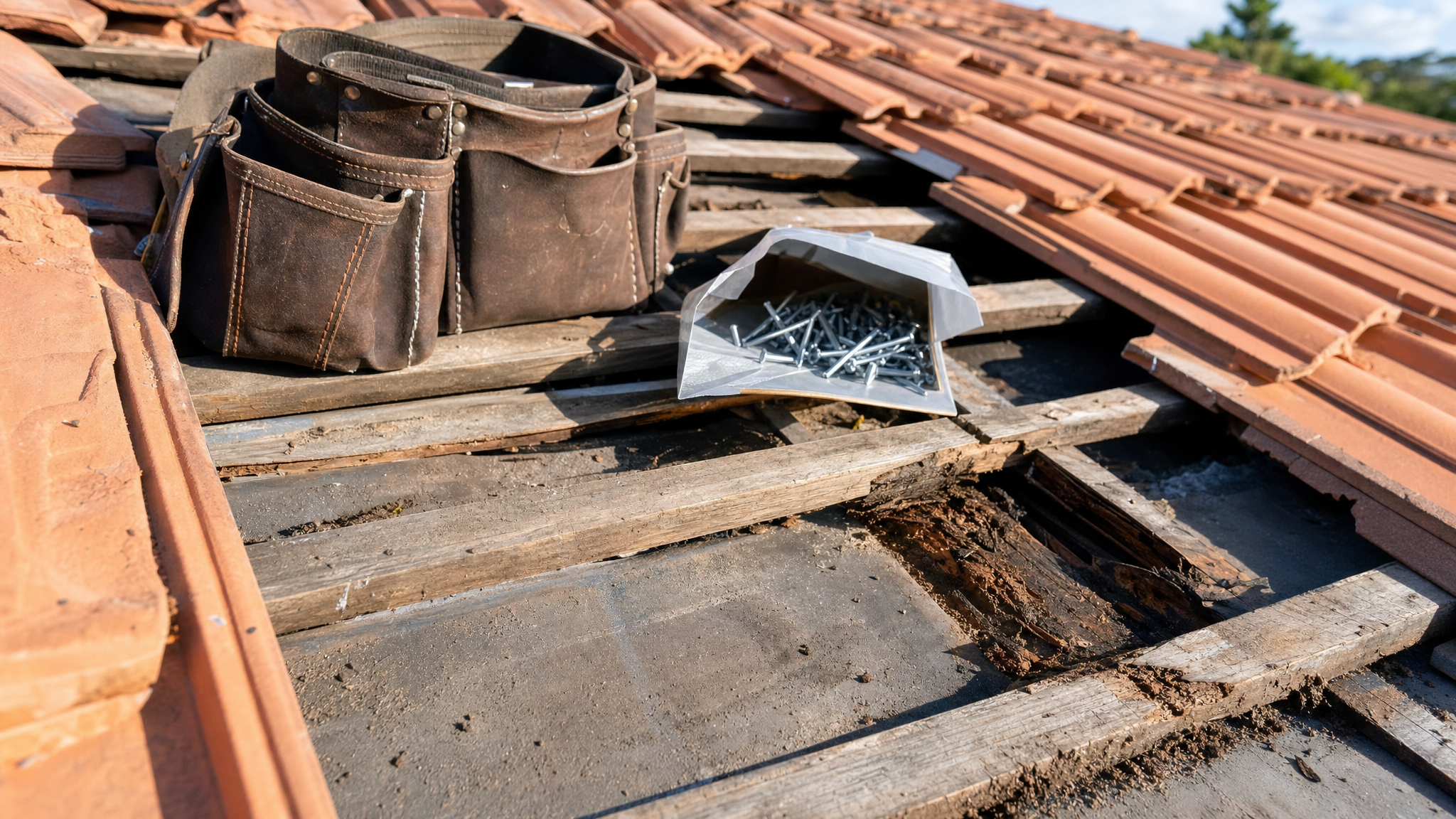 A tiled roof partially stripped revealing aged battens and a patch of rotten timber underneath