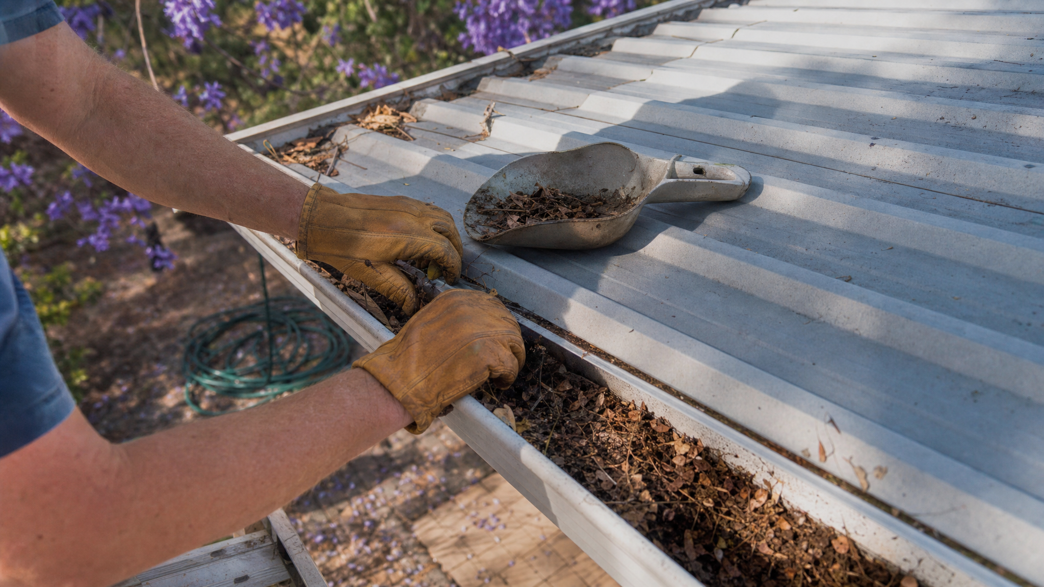 Close-up of gloved hands clearing leaves out of a gutter on a Brisbane Queenslander roof