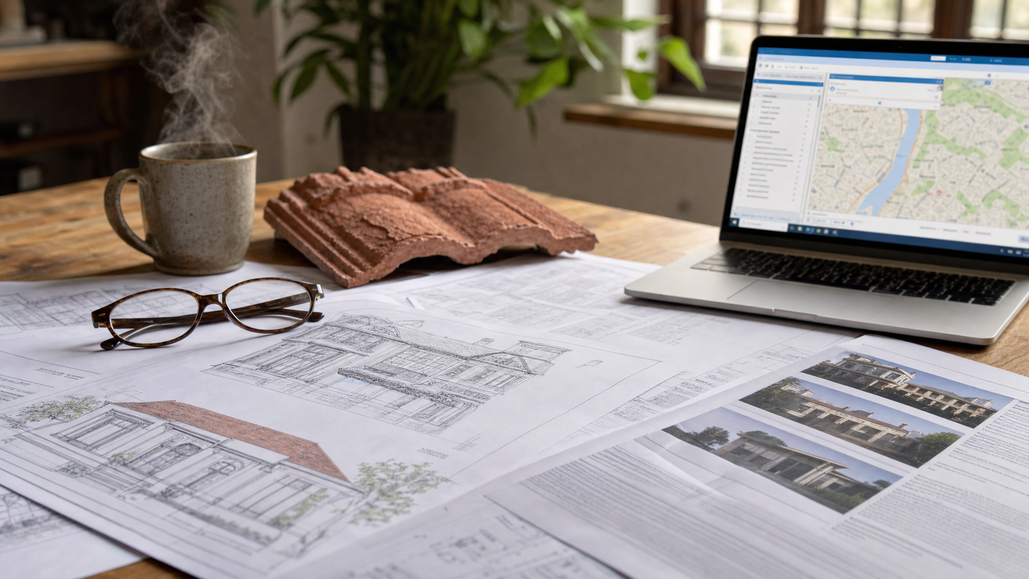 Architectural plans and Brisbane heritage council documents spread on a table with a tile sample and laptop showing the planning portal