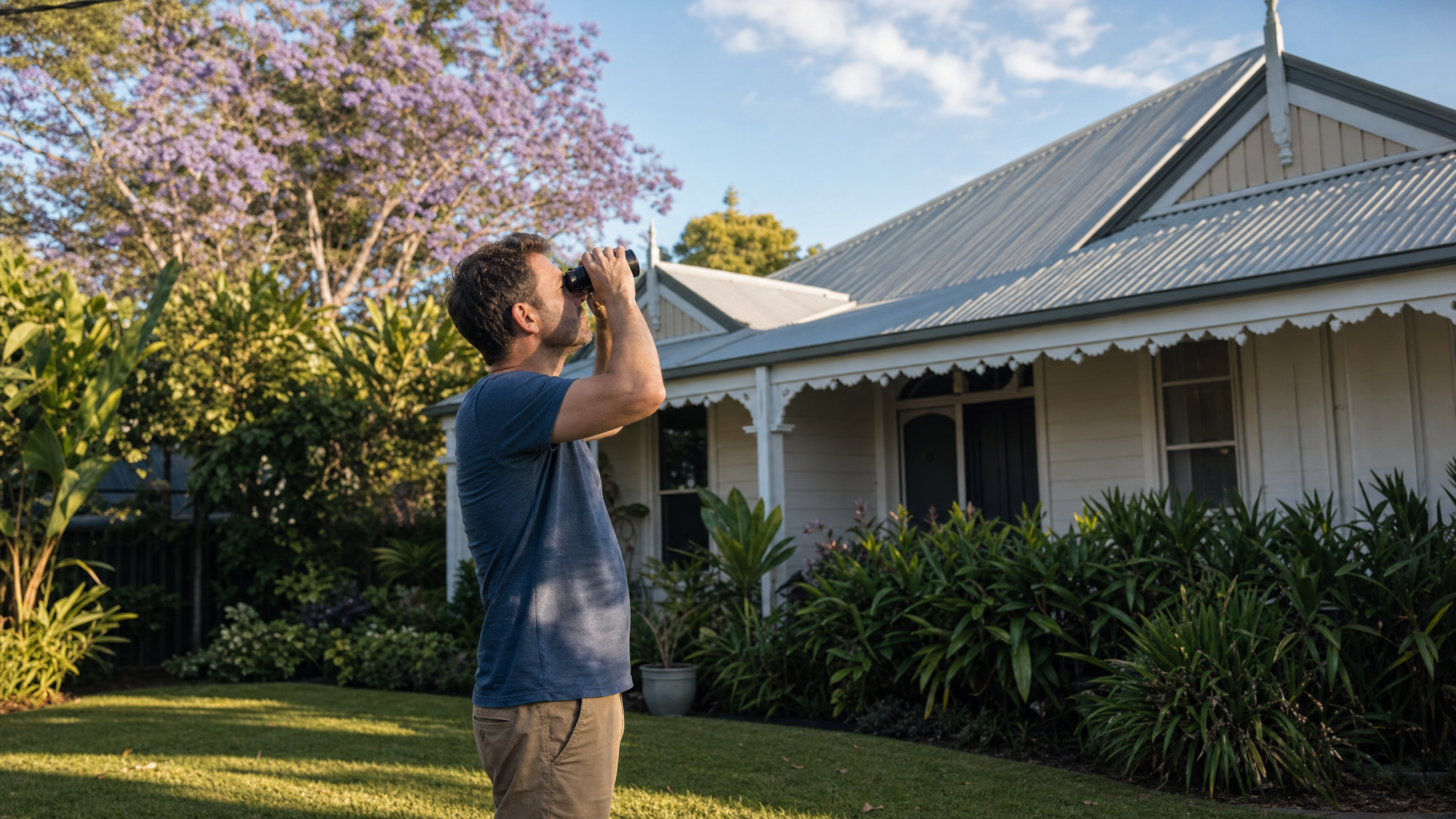 A Brisbane homeowner standing on their front lawn with binoculars, inspecting the roofline of their Queenslander home