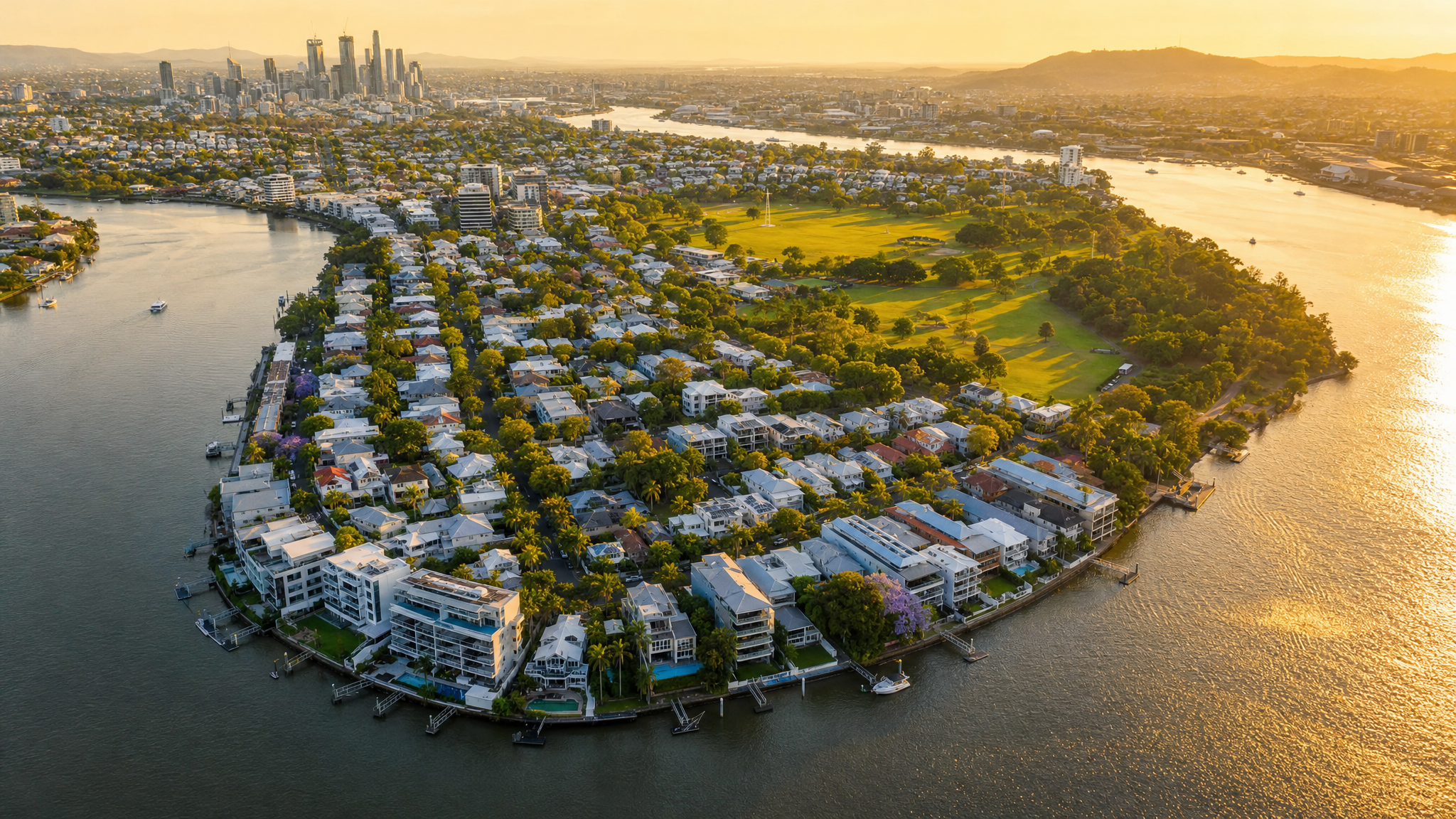 Aerial view of the New Farm peninsula in Brisbane, with the bend of the Brisbane River wrapping around the suburb