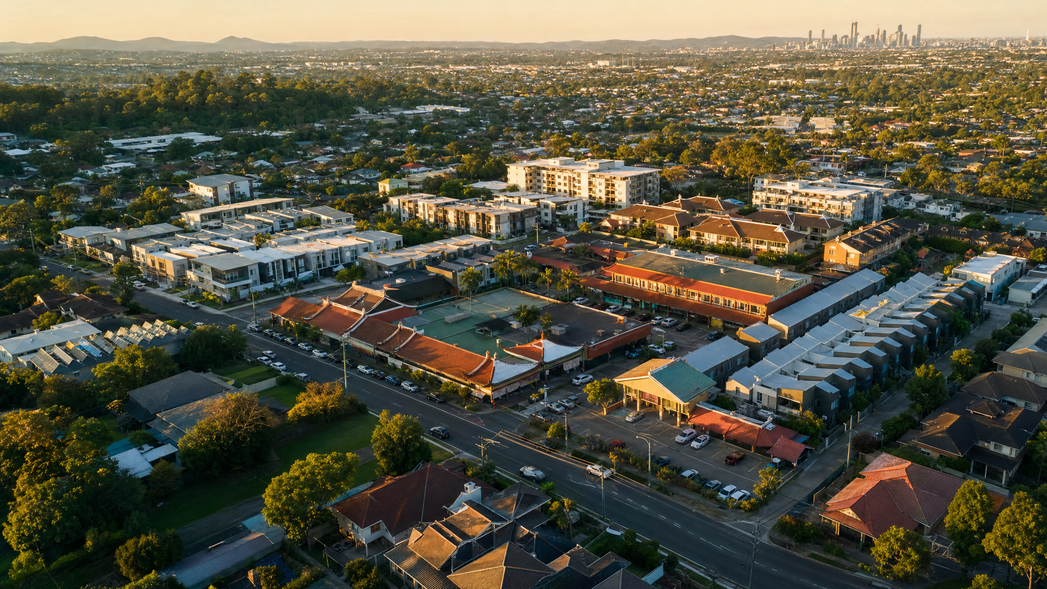 Aerial view of Sunnybank, Brisbane, with wide streets, a mix of mid-century brick homes and modern townhouses, and small Asian-style shopping plazas