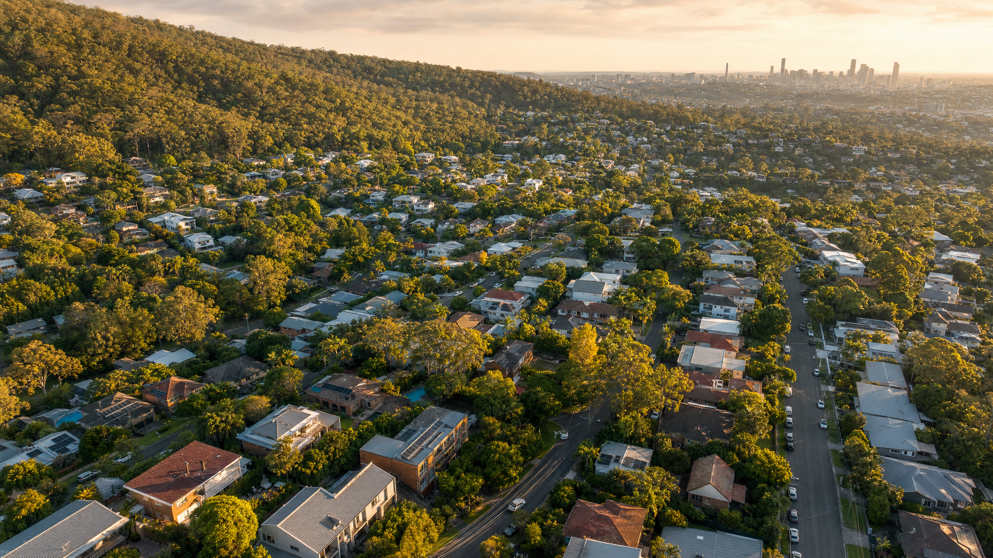 Aerial view of The Gap, Brisbane, leafy middle-ring suburb with mature eucalyptus trees backing onto Mt Coot-tha bushland