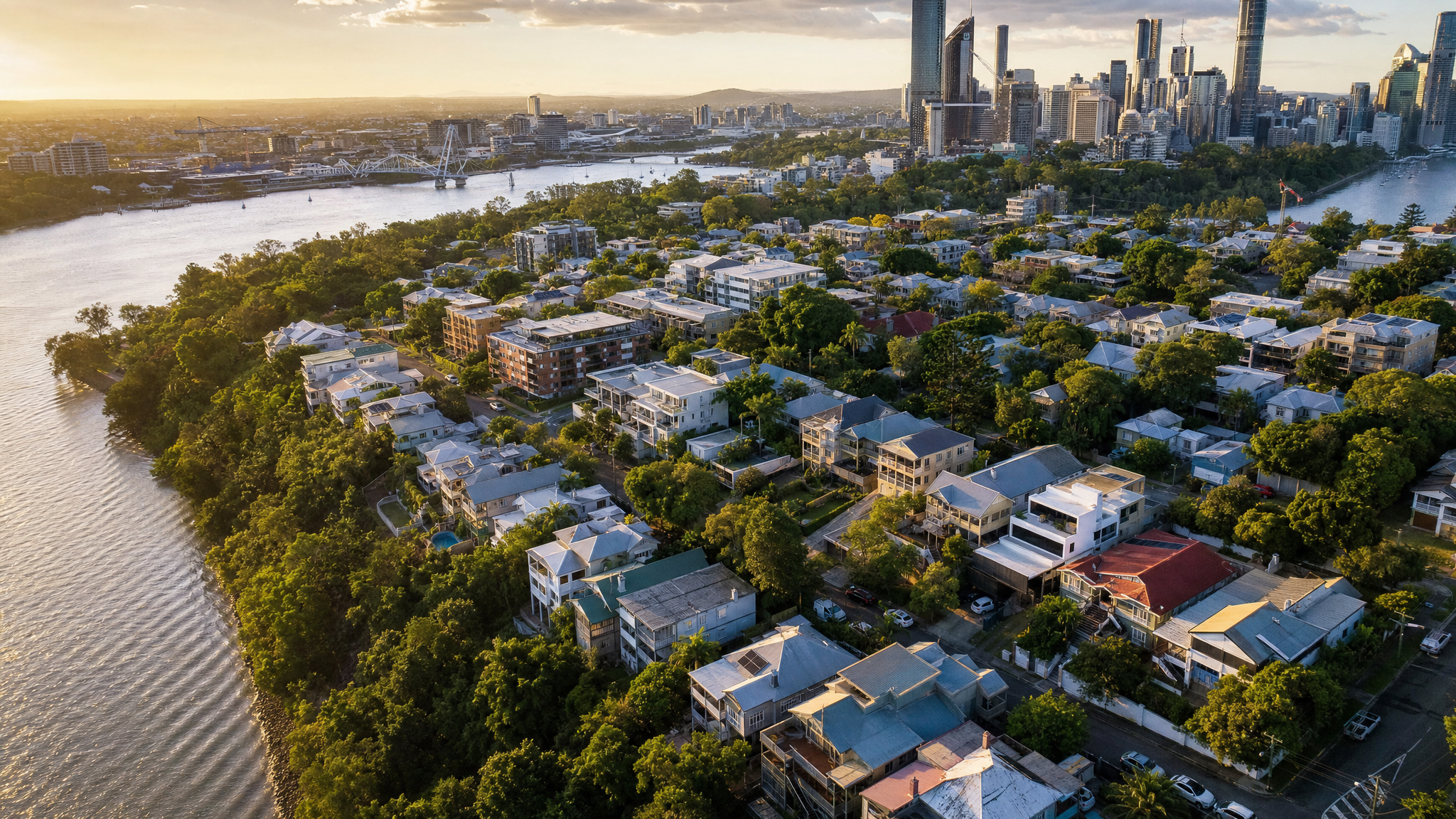 Aerial view of West End, Brisbane, with the peninsula along the Brisbane River, mix of Federation Queenslanders and modern apartments