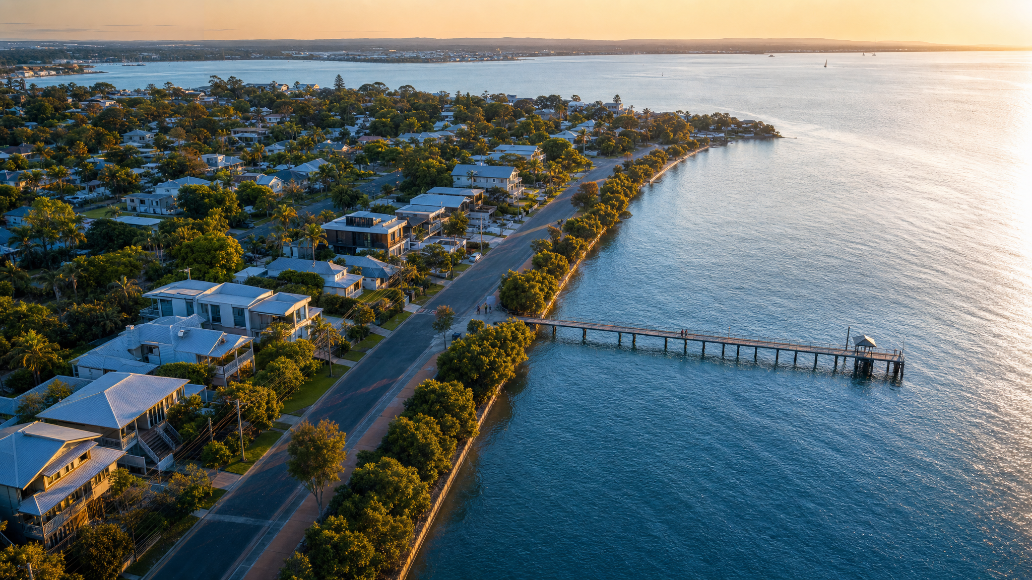 Aerial view of Wynnum, Brisbane, with the bayside esplanade along Moreton Bay, jetty and waterfront cottages